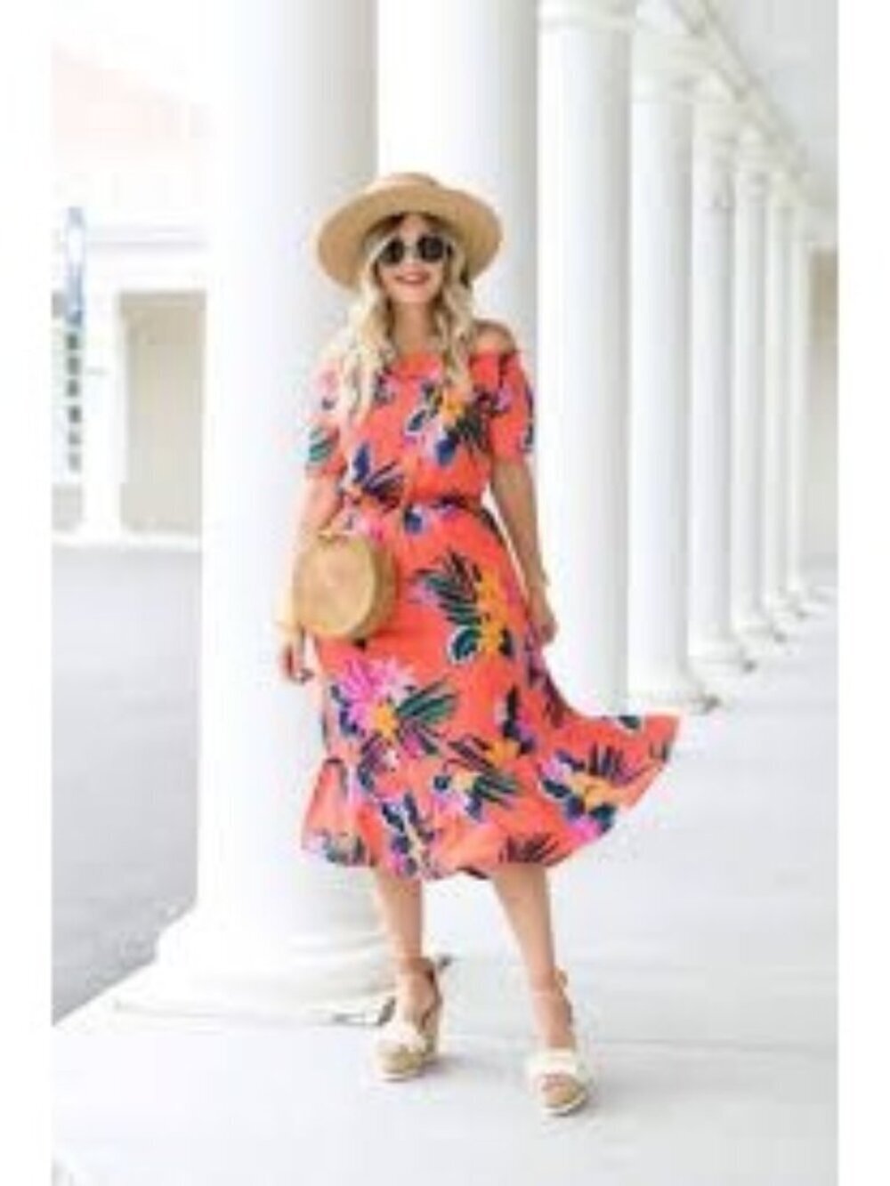 Old Navy Coral Orange Hawaiian Floral Off Shoulder Dress Women Size L